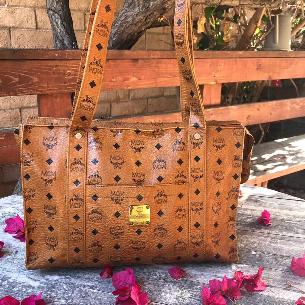 MCM Bag RARE Visetos Coated Canvas Tote Shoulder Purse Cognac Brown Authentic